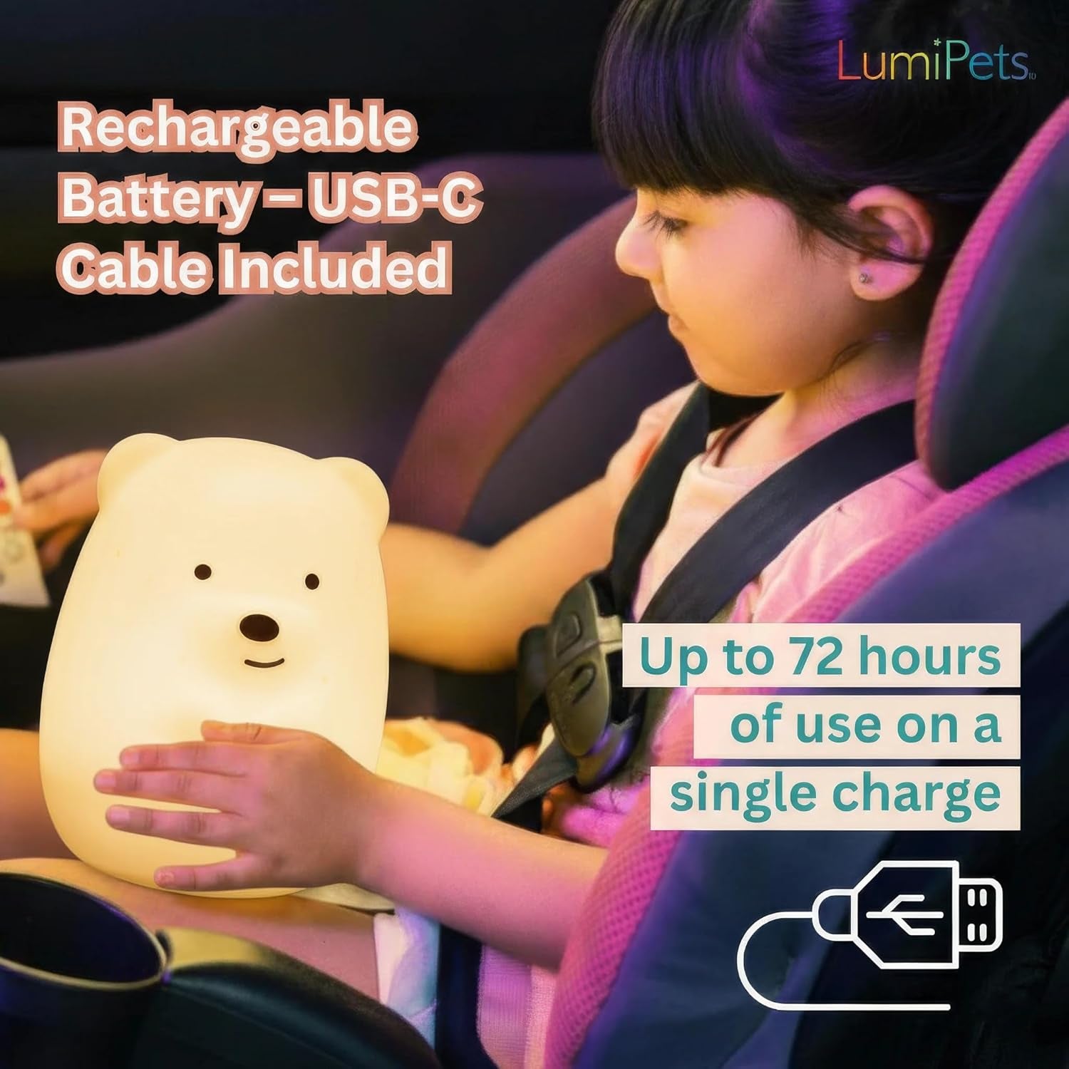 Lumipet Bear Jumbo Kids Night Light, Cute Nursery Light for Baby, Toddler, Silicone LED Lamp, Remote Operated, USB Rechargeable Battery, 9 Available Colors, Timer Auto Shutoff