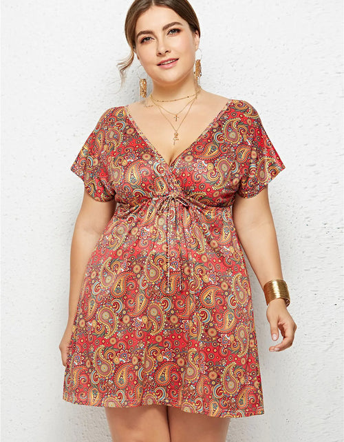 Load image into Gallery viewer, Printed Deep V-Neck Dress with Elastic Waist
