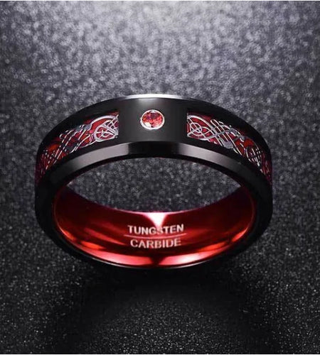 8MM Black and Red Tungsten Ring with Silver Dragon纹