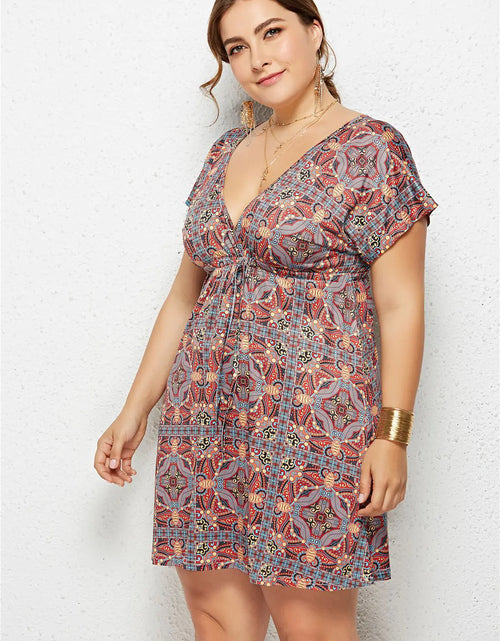 Load image into Gallery viewer, Printed Deep V-Neck Dress with Elastic Waist
