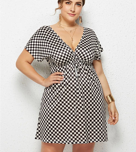 Printed Deep V-Neck Dress with Elastic Waist