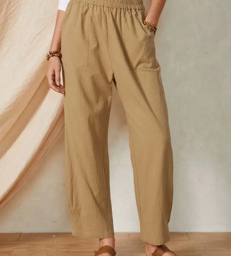 Pocket Elastic Waist Cotton Linen Casual Wide-leg Trousers