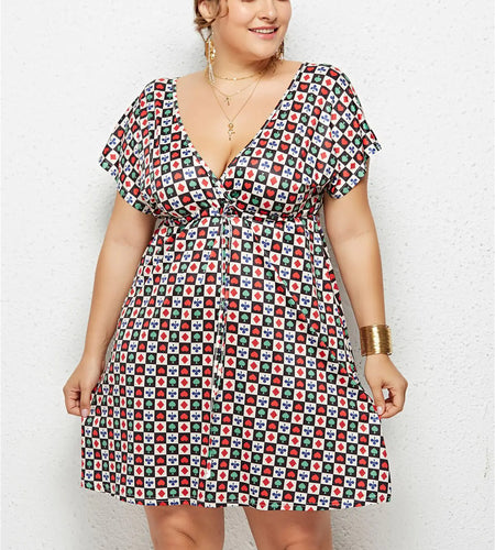 Printed Deep V-Neck Dress with Elastic Waist